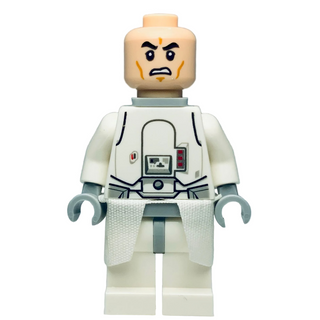 LEGO Star Wars Snowtrooper minifigure with white armor, angry expression, and gray utility details.