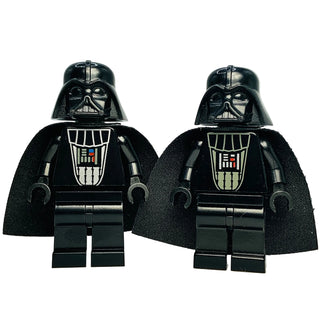 LEGO Darth Vader minifigure with black helmet, silver and dark gray chest armor, and black fabric cape shown from front and s
