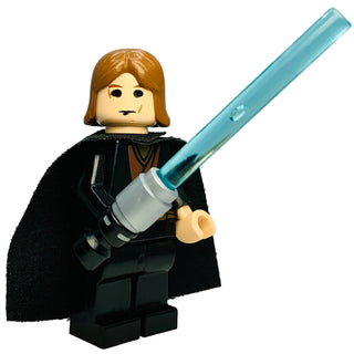 LEGO minifigure with brown hair, black robe and cape, holding a blue lightsaber.