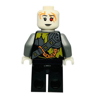 LEGO Ninjago minifigure with cream head, orange eyebrows, red eye, gray arms, and black torso with yellow and orange armor de