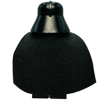 Black LEGO minifigure with glossy helmet, silver stripe down center, and textured black cape.