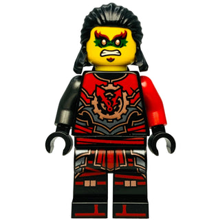 LEGO Ninjago minifigure with yellow head, black spiky hair, red and black armor with gold details, and black hands.