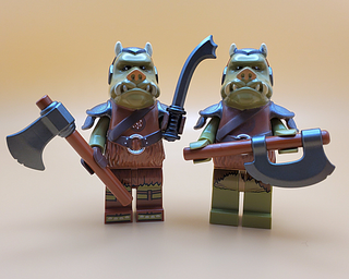 Two minifigures with pig-like heads in armor holding an axe, curved sword, and blaster rifle.