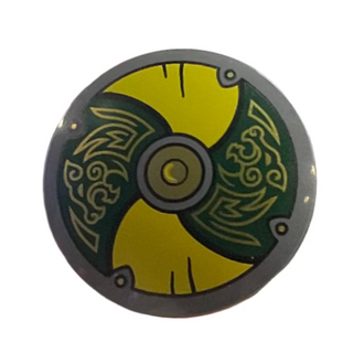Minifigure Shield Circular with Yellow and Dark Green Alternating Panels with Gold Center Circle and Odin's Wolves Pattern, 75902pb29 Part LEGO®