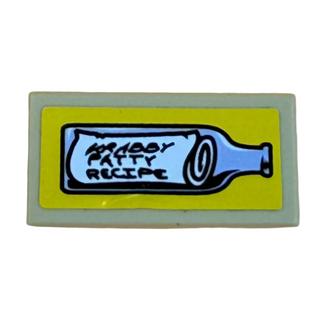 Tile 1 x 2 with 'KRABBY PATTY RECIPE' in Bottle Pattern (Sticker) Part# 3069pb0024 Part LEGO® Tan