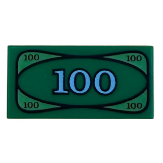 Tile 1x2 with 100 Paper Bill Money Pattern, Part# 3069bpx7 Part LEGO® Green