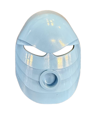 Light blue Bionicle Mask Rau with angular eye slits and circular mouth opening, featuring metallic gold accents.