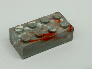 Light Gray w/ Red & White Marbled, 1970's Grangemouth Test 2x4 LEGO® Brick Part LEGO® Variant A - Solid Red Swirl on Top of Side