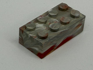 Light Gray w/ Red & White Marbled, 1970's Grangemouth Test 2x4 LEGO® Brick Part LEGO® Variant B - Solid Red Swirl on Bottom of Side