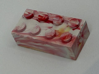 White with Red & Yellow Marbled, 1970's Grangemouth Test 2x4 LEGO® Brick Part LEGO® White with Red Swirl and Small Yellow Spot on Top