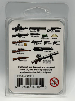 BrickArms weapons pack containing labeled rifle, machine gun, bazooka, rocket launcher, pistols, helmet, and other military a