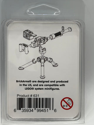 BrickArms heavy machine gun weapon pack with tripod mount, ammunition box, and accessory parts for minifigures.