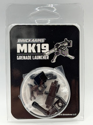 BrickArms MK19 Grenade Launcher weapon pack with dark brown and black plastic components in clear blister packaging.