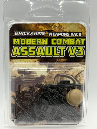 BrickArms Modern Combat Assault V3 weapons pack containing black rifle accessories, brown ammunition magazines, and tan grena