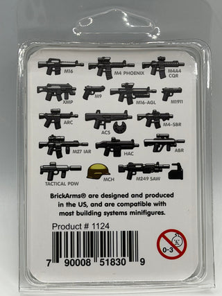 BrickArms weapons pack containing 16 black minifigure-scale assault rifles, pistols, and accessories with labeled designs inc