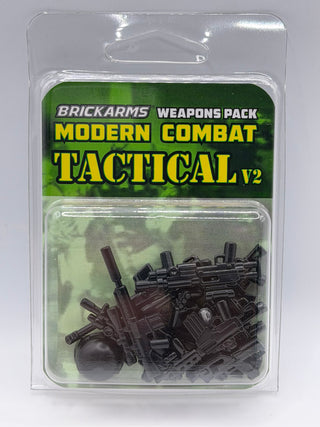 BrickArms Modern Combat Tactical v2 weapons pack containing black and dark red minifigure-scale weapons and accessories in cl