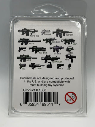 Clear plastic blister pack containing 16 black tactical weapon minifigure accessories labeled with model names including rifl