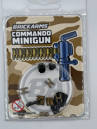 BrickArms Commando Minigun weapon pack with blue minigun, ammunition belt, and accessory pieces in clear plastic blister pack