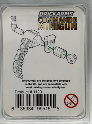 BrickArms Commando Minigun weapon pack with ammo belt, barrel, and mounting components in clear plastic case.