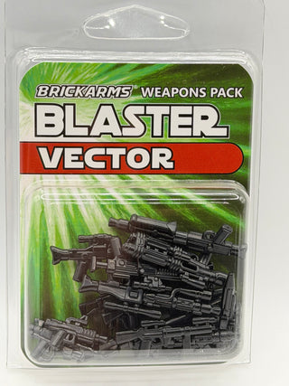 BrickArms Blaster Vector weapons pack containing multiple black and dark brown plastic minifigure-scale weapons in clear plas