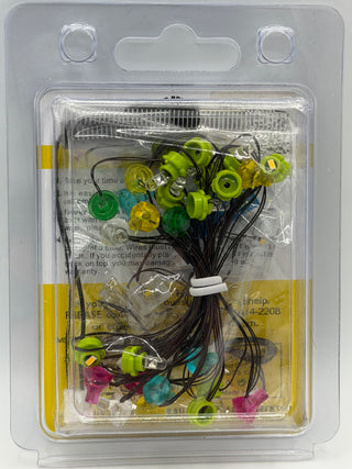 LED lighting kit with colorful green, yellow, teal, and pink bulbs on black wires in clear blister packaging.