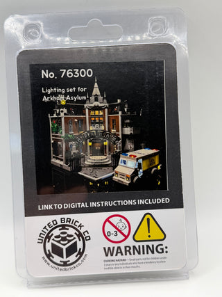 Arkham Asylum 76300 lighting kit packaging showing illuminated castle building with yellow vehicle and warning labels.