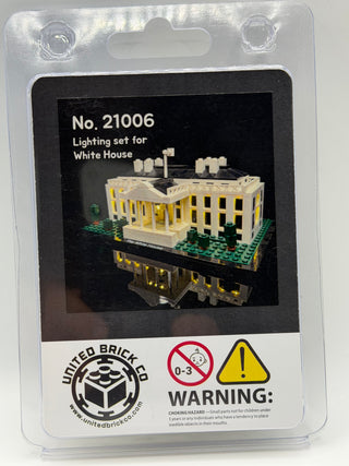 Clear plastic packaging containing lighting kit for White House LEGO set with illuminated product display image and warning l