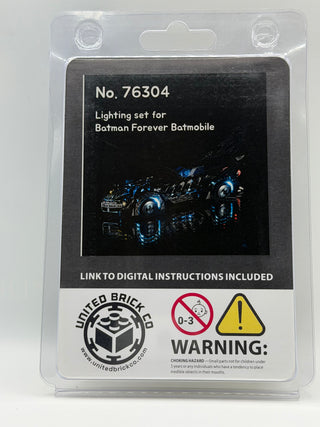 Lighting kit package for Batman Forever Batmobile LEGO set 76304 with illuminated Batmobile display on black label.