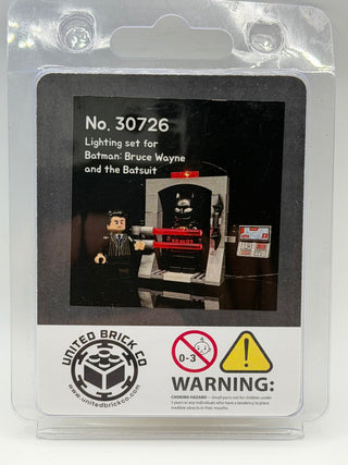 Custom lighting kit No. 30726 for Batman LEGO set, featuring red LED strips and control unit with minifigure display.