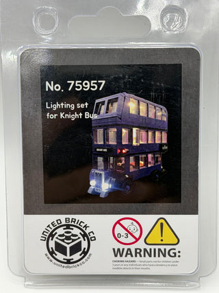 Purple three-story Knight Bus with illuminated windows and headlights on product packaging.