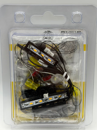 LED lighting kit with multiple light strips, connectors, and black wiring cables in clear packaging.