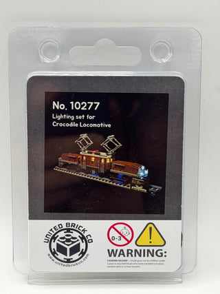 Lighting kit package for Crocodile Locomotive set 10277 with illuminated brown train model on display card.