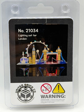 Blister package showing illuminated LEGO London Skyline set with Big Ben, London Eye, and Tower Bridge with colorful LED ligh