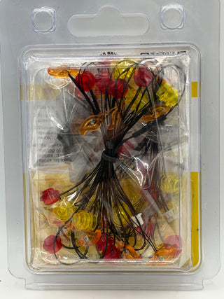 Custom lighting kit with red, yellow, and amber LED bulbs connected to black wires in clear plastic clamshell packaging.