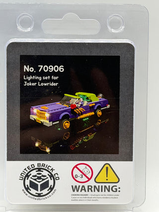 Lighting kit package for LEGO Joker Lowrider set 70906, showing illuminated purple and yellow car with glowing elements.