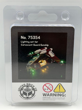 LED lighting kit for LEGO Coruscant Guard Gunship 75354 with green and warm white lights.