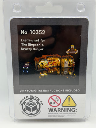 Custom lighting kit packaging for LEGO set 10352 featuring illuminated Krusty Burger restaurant with warm yellow lights.