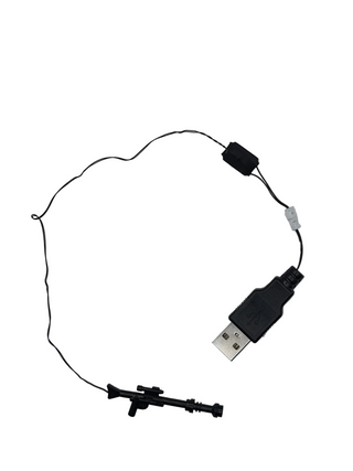 Black toy rifle with attached USB cable and control module for LED light functionality.