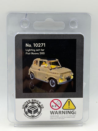 Lighting kit package for Fiat Nuova 500 LEGO set showing tan car with yellow interior lights in clear plastic blister card.