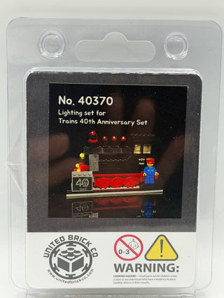 Custom lighting kit No. 40370 for LEGO Trains 40th Anniversary Set, featuring red locomotive, yellow lights, and minifigure d