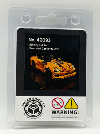 Custom lighting kit for LEGO Chevrolet Corvette ZR1 set 42093, packaged in clear plastic blister with product image and safet