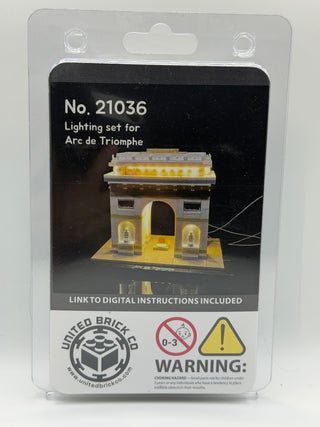 Lighting set package for Arc de Triomphe LEGO set featuring illuminated model display with yellow lights and power cable.