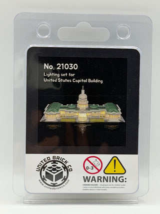 LED lighting kit No. 21030 for LEGO Capitol Building set with illuminated dome and facade, shown on retail packaging.