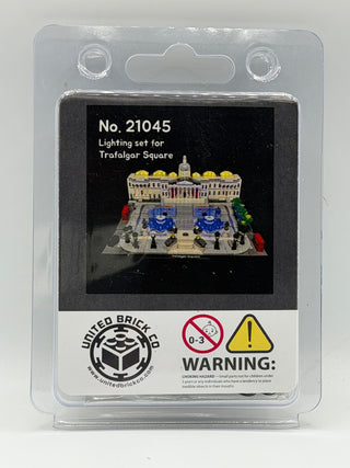 Lighting kit package for LEGO Trafalgar Square set 21045 with illuminated architectural model shown on packaging.