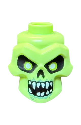 Minifigure, Head, Modified Skull with Black Eyes, Nose, Mouth, White Pupils, Teeth and Sand Green Around Mouth Pattern, Part# 43693pb05