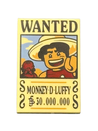 Tile 2 x 3 with Wanted Poster with Black 'WANTED' 'MONKEY-D-LUFFY' (Berry) '$30.000.000' Pattern, Part# 26603pb528 Part LEGO®