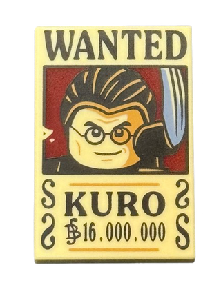 Tile 2 x 3 with Wanted Poster with Black 'WANTED' 'KURO' (Berry) '16.000.000' Pattern, Part# 26603pb533 Part LEGO®