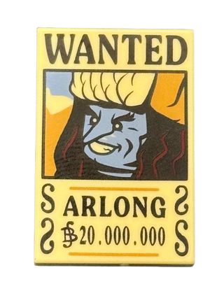 Tile 2 x 3 with Wanted Poster with Black 'WANTED' 'ARLONG' (Berry) '20.000.000' Pattern, Part# 26603pb532 Part LEGO®