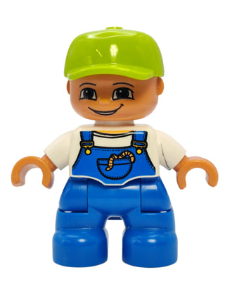 Duplo Figure Boy - White Top with Blue Overalls and Worms in Pocket, 47205pb002 Minifigure LEGO®   