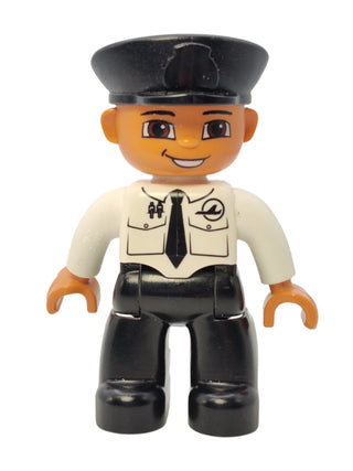 Duplo Figure Pilot - White Top with Airplane Logo and Black Tie, 47394pb120 Minifigure LEGO®   